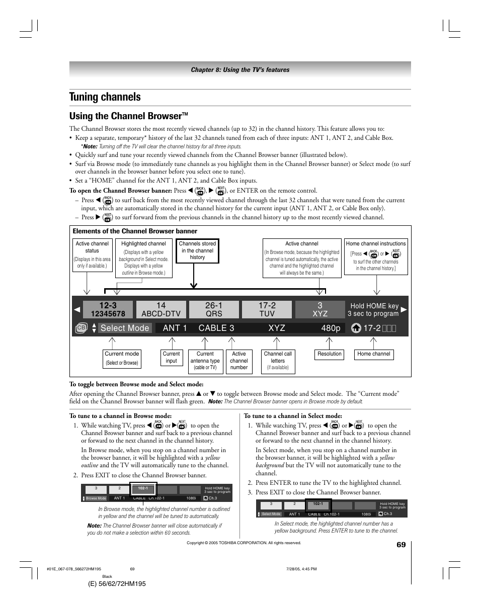 Tuning channels, Using the channel browser, Abcd-dtv | Toshiba 72HM195 User Manual | Page 69 / 112