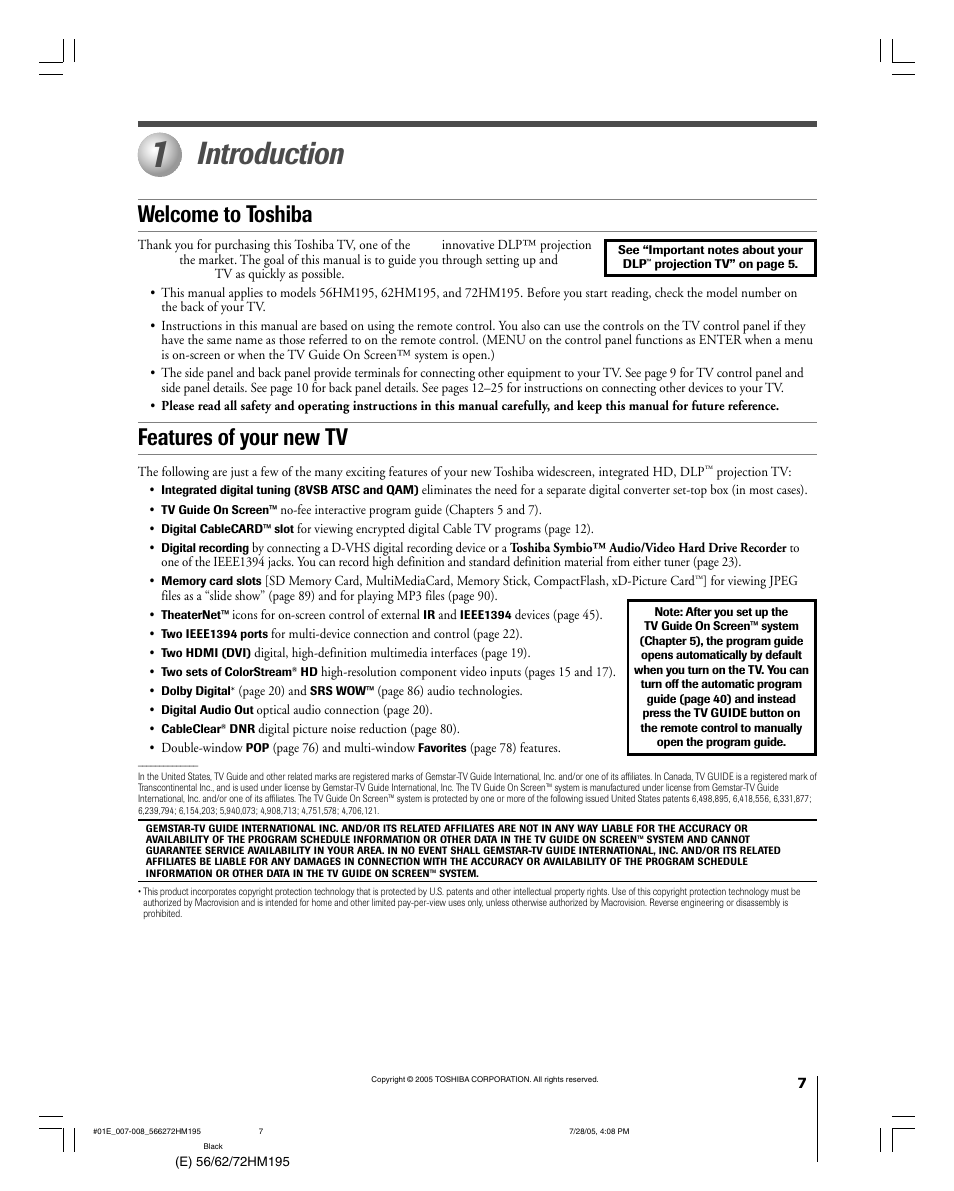 Introduction, Welcome to toshiba features of your new tv | Toshiba 72HM195 User Manual | Page 7 / 112