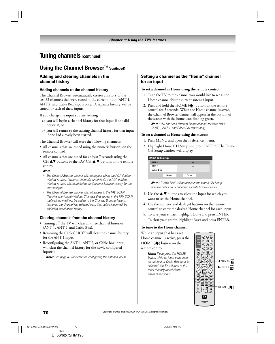 Tuning channels, Using the channel browser | Toshiba 72HM195 User Manual | Page 70 / 112