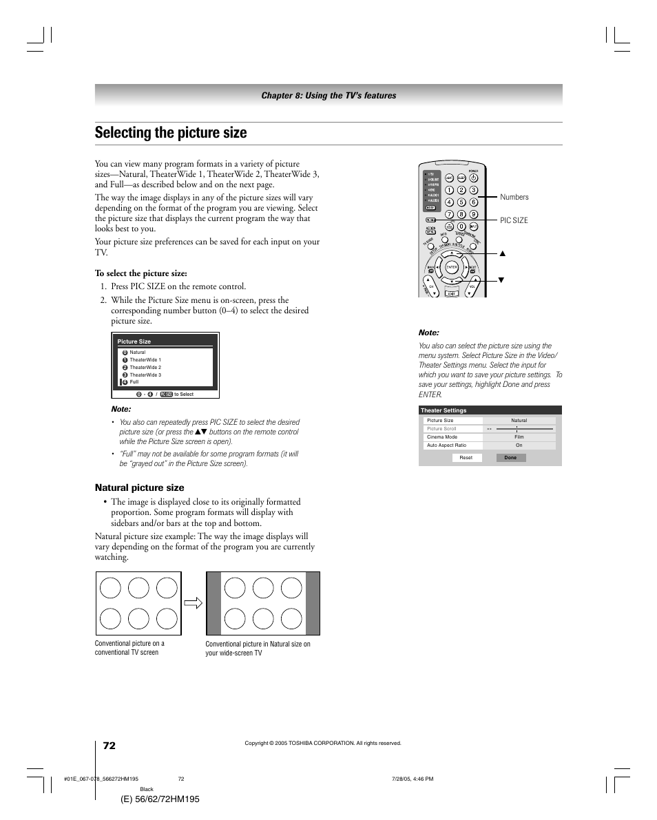 Selecting the picture size, Natural picture size | Toshiba 72HM195 User Manual | Page 72 / 112