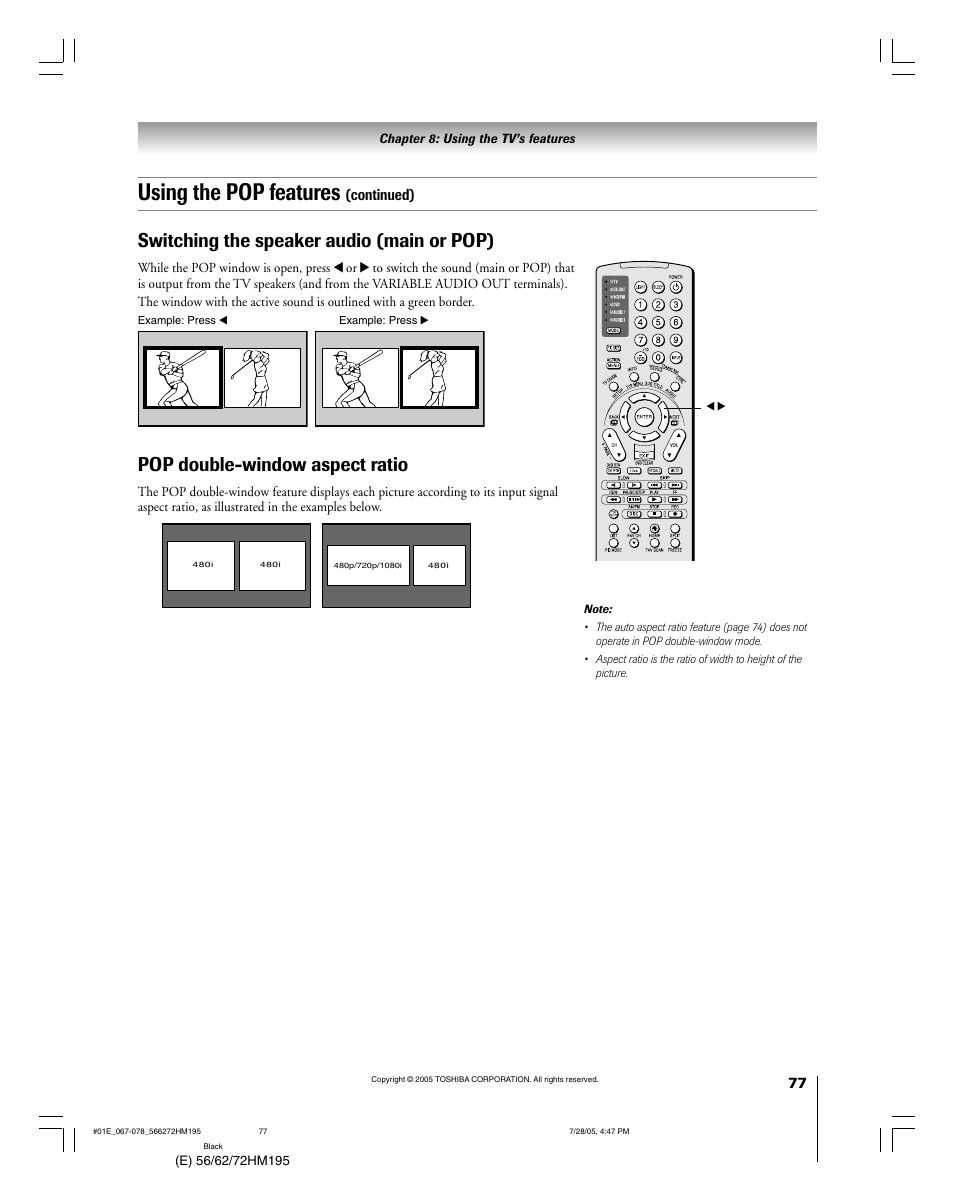 Using the pop features, Switching the speaker audio (main or pop), Pop double-window aspect ratio | Continued) | Toshiba 72HM195 User Manual | Page 77 / 112