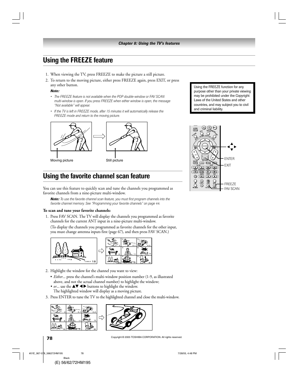 Using the favorite channel scan feature, Using the freeze feature, Chapter 8: using the tv’s features | Toshiba 72HM195 User Manual | Page 78 / 112