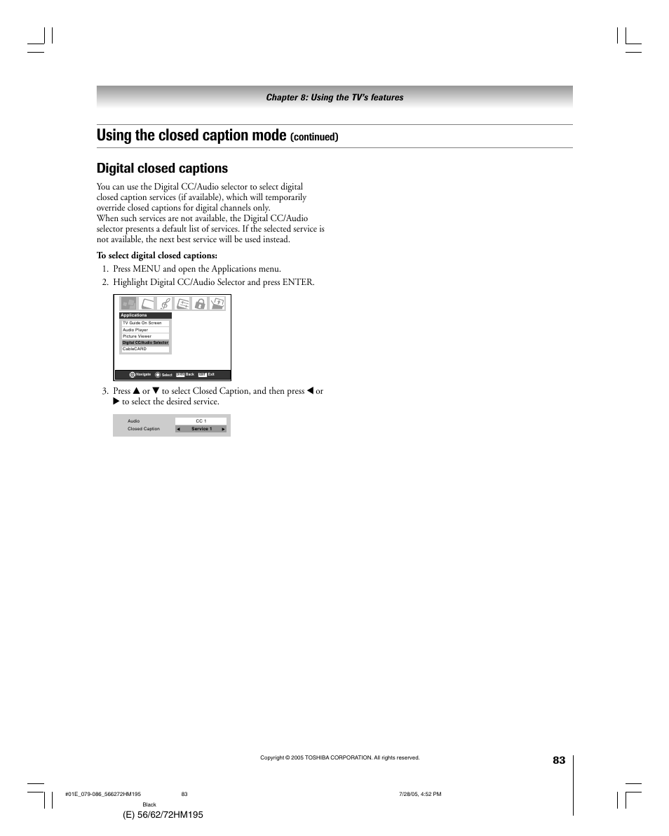 Using the closed caption mode, Digital closed captions, Continued) | Chapter 8: using the tv’s features | Toshiba 72HM195 User Manual | Page 83 / 112