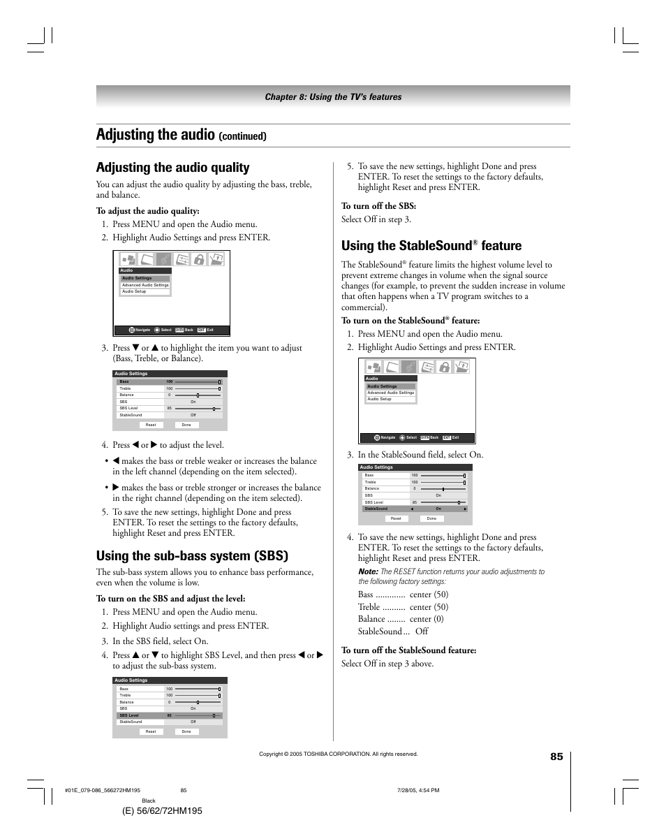 Adjusting the audio, Adjusting the audio quality, Using the sub-bass system (sbs) | Using the stablesound, Feature, Continued), Chapter 8: using the tv’s features, The stablesound | Toshiba 72HM195 User Manual | Page 85 / 112