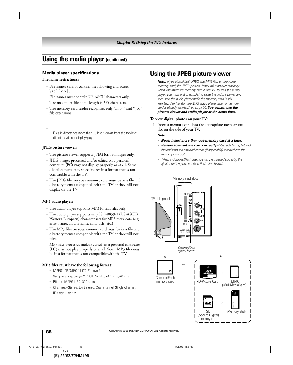 Using the media player, Using the jpeg picture viewer | Toshiba 72HM195 User Manual | Page 88 / 112