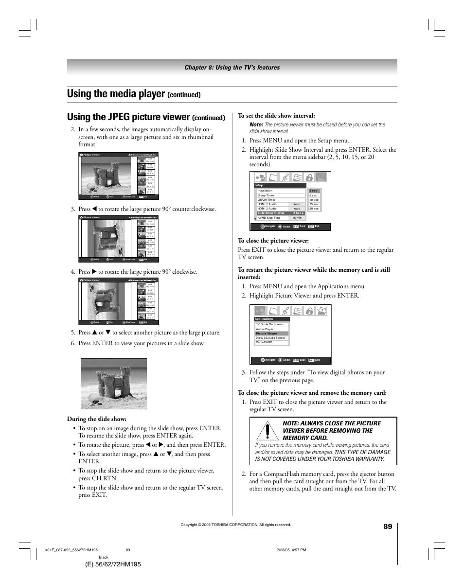 Using the media player, Using the jpeg picture viewer, Continued) | Press • to rotate the large picture 90° clockwise | Toshiba 72HM195 User Manual | Page 89 / 112