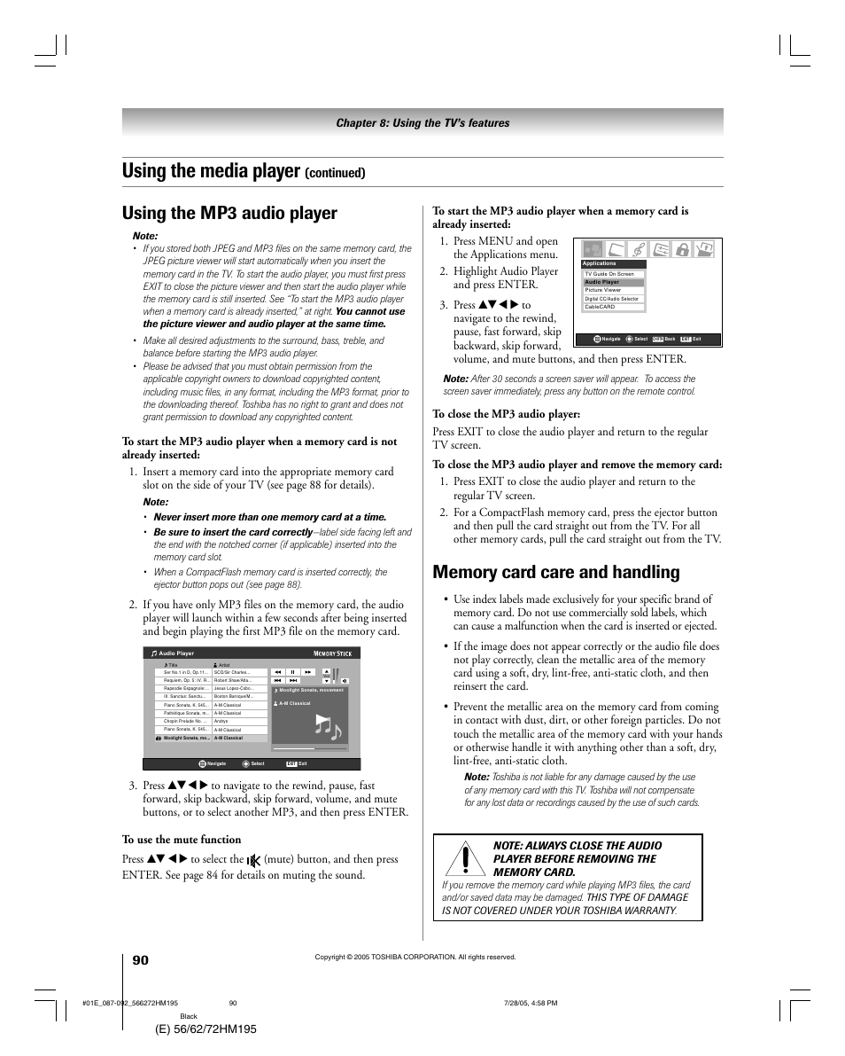 Using the media player, Using the mp3 audio player, Continued) | Toshiba 72HM195 User Manual | Page 90 / 112