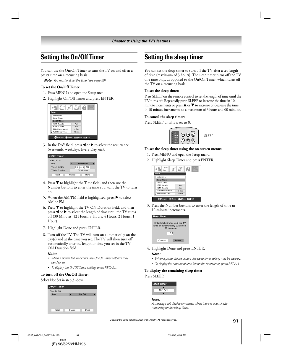 Setting the sleep timer, Setting the on/off timer, Highlight done and press enter | Chapter 8: using the tv’s features | Toshiba 72HM195 User Manual | Page 91 / 112