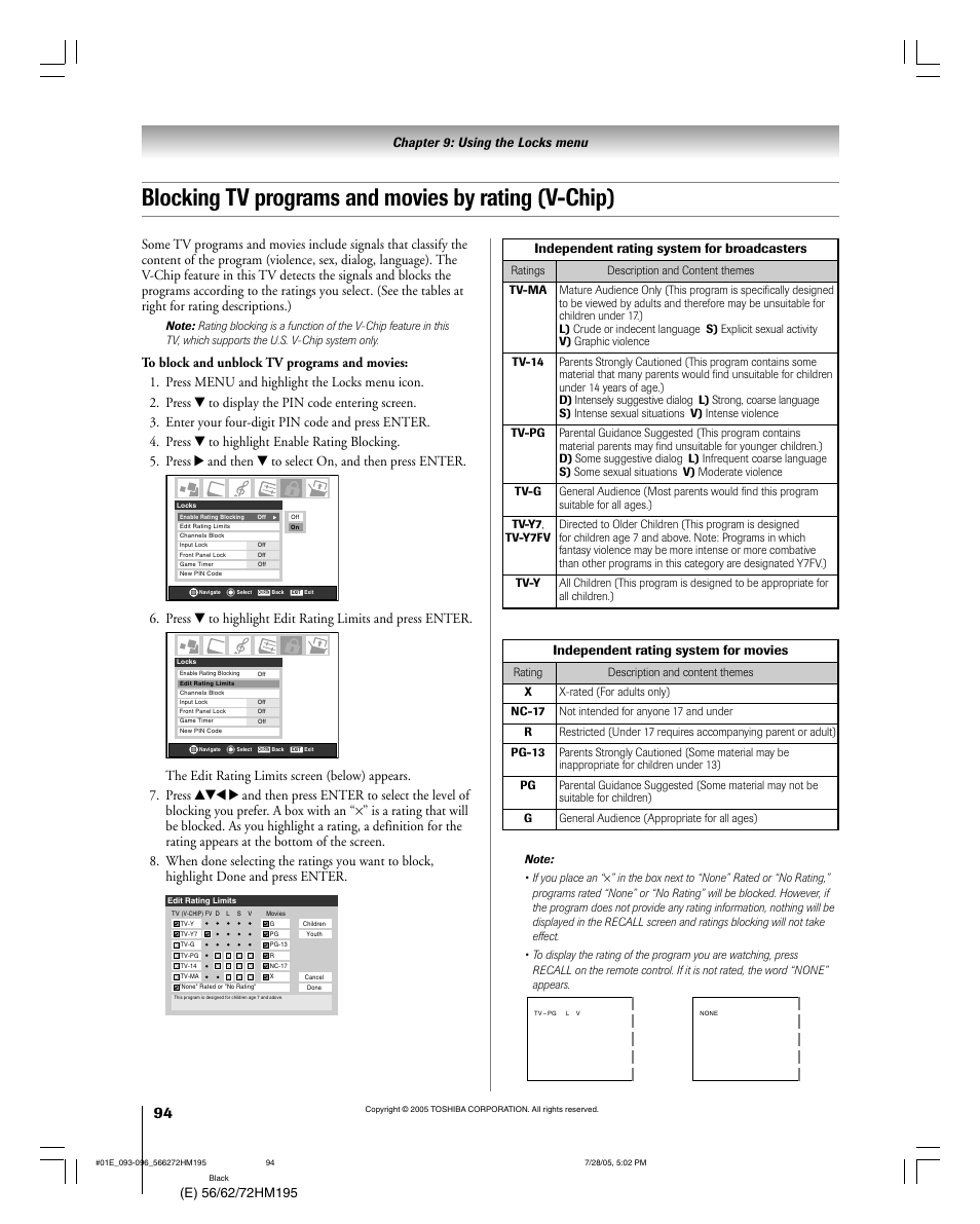 Blocking tv programs and movies by rating (v-chip), Independent rating system for broadcasters, Independent rating system for movies | Toshiba 72HM195 User Manual | Page 94 / 112