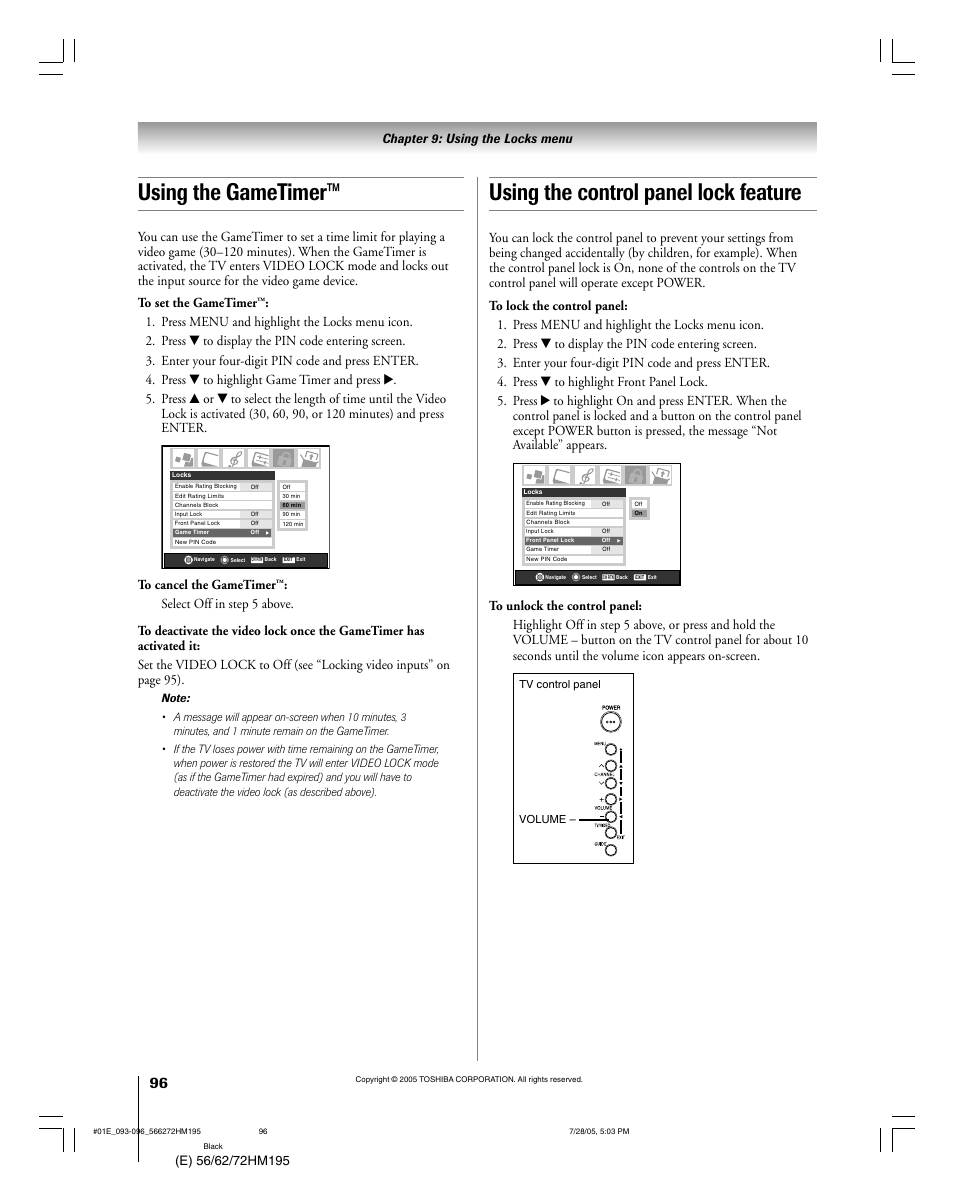 Using the gametimer, Using the control panel lock feature | Toshiba 72HM195 User Manual | Page 96 / 112