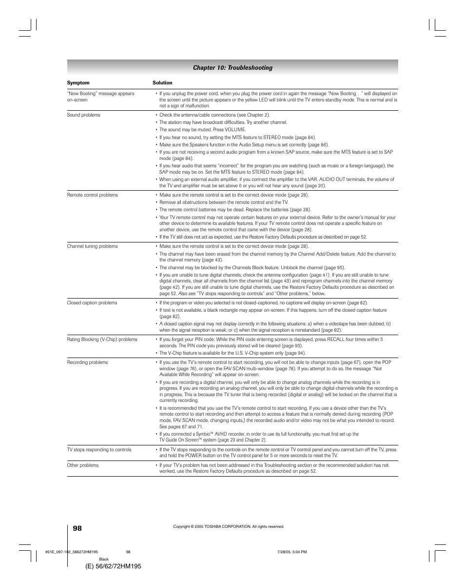 Toshiba 72HM195 User Manual | Page 98 / 112