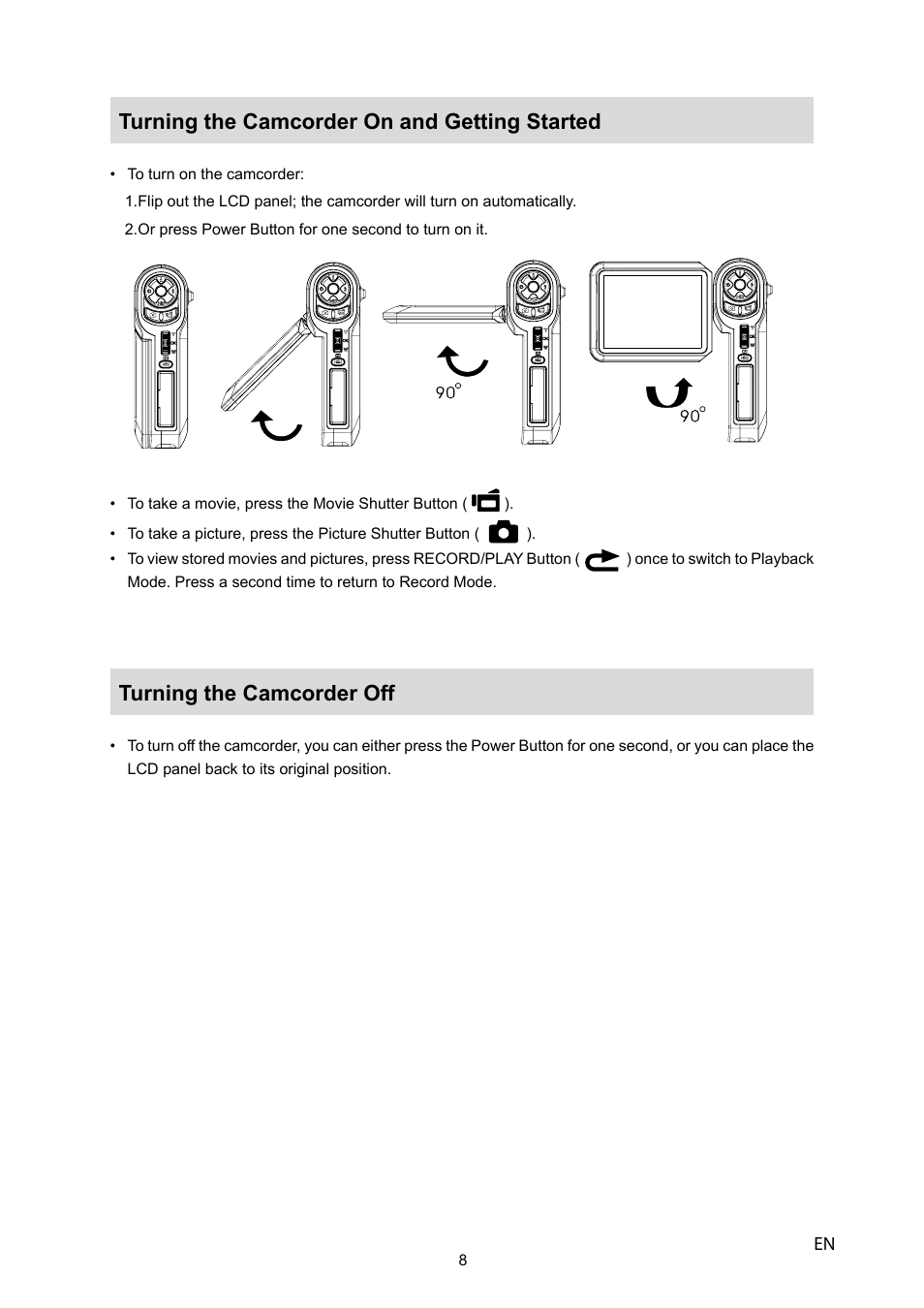 Turning the camcorder on and getting started, Turning the camcorder off | Toshiba CAMILEO P10 User Manual | Page 10 / 46