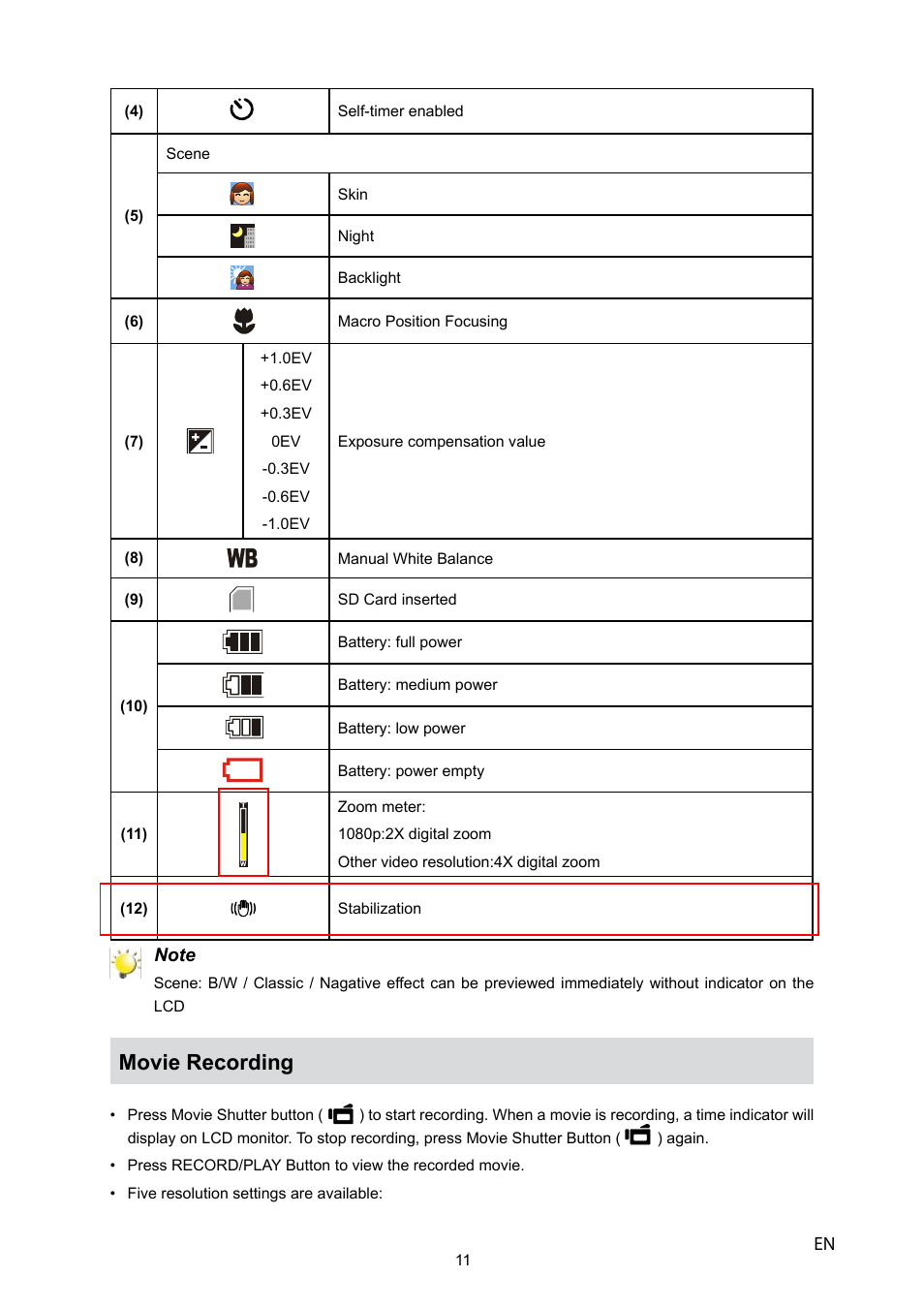 Movie recording | Toshiba CAMILEO P10 User Manual | Page 13 / 46