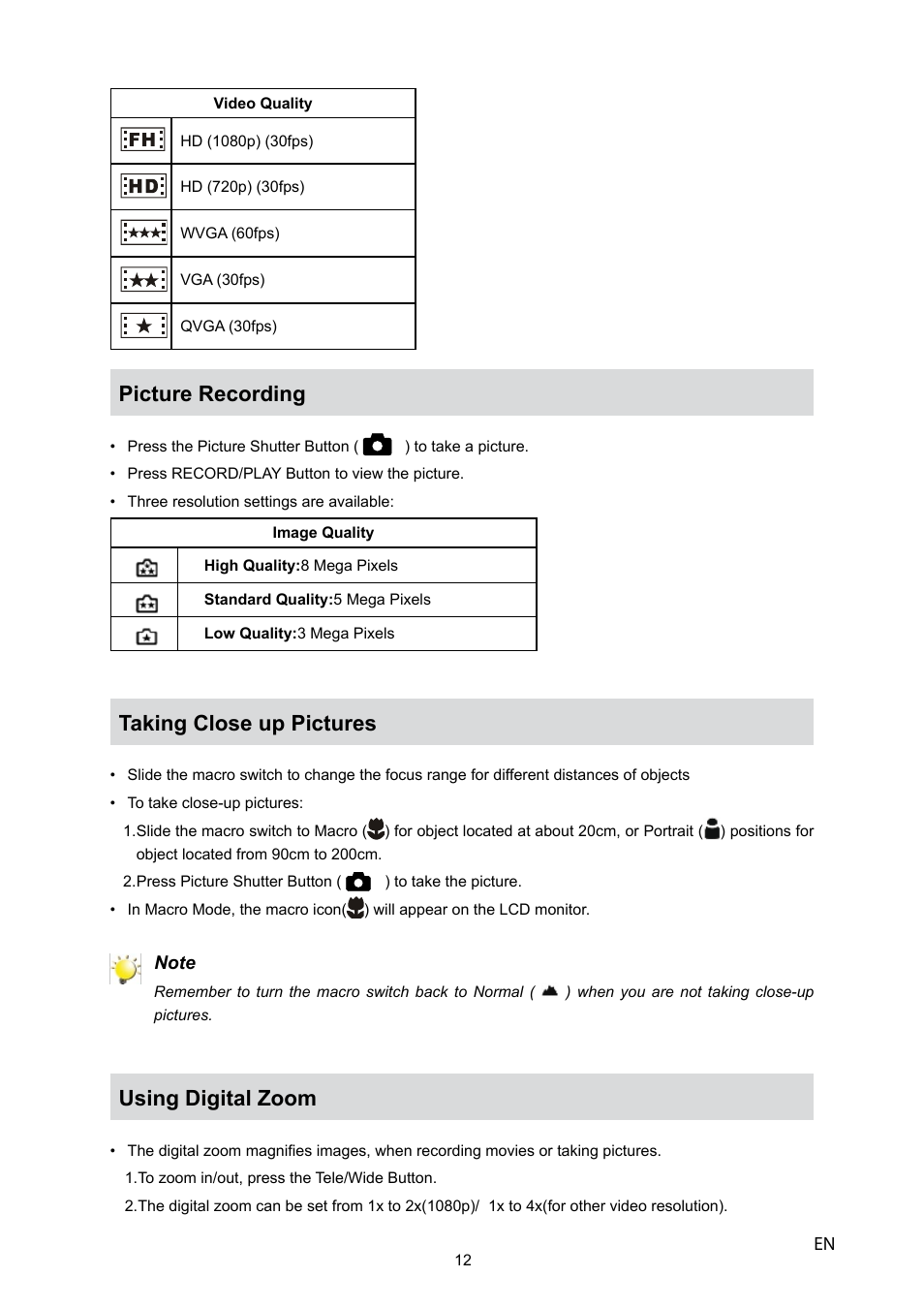 Picture recording, Taking close up pictures, Using digital zoom | Toshiba CAMILEO P10 User Manual | Page 14 / 46