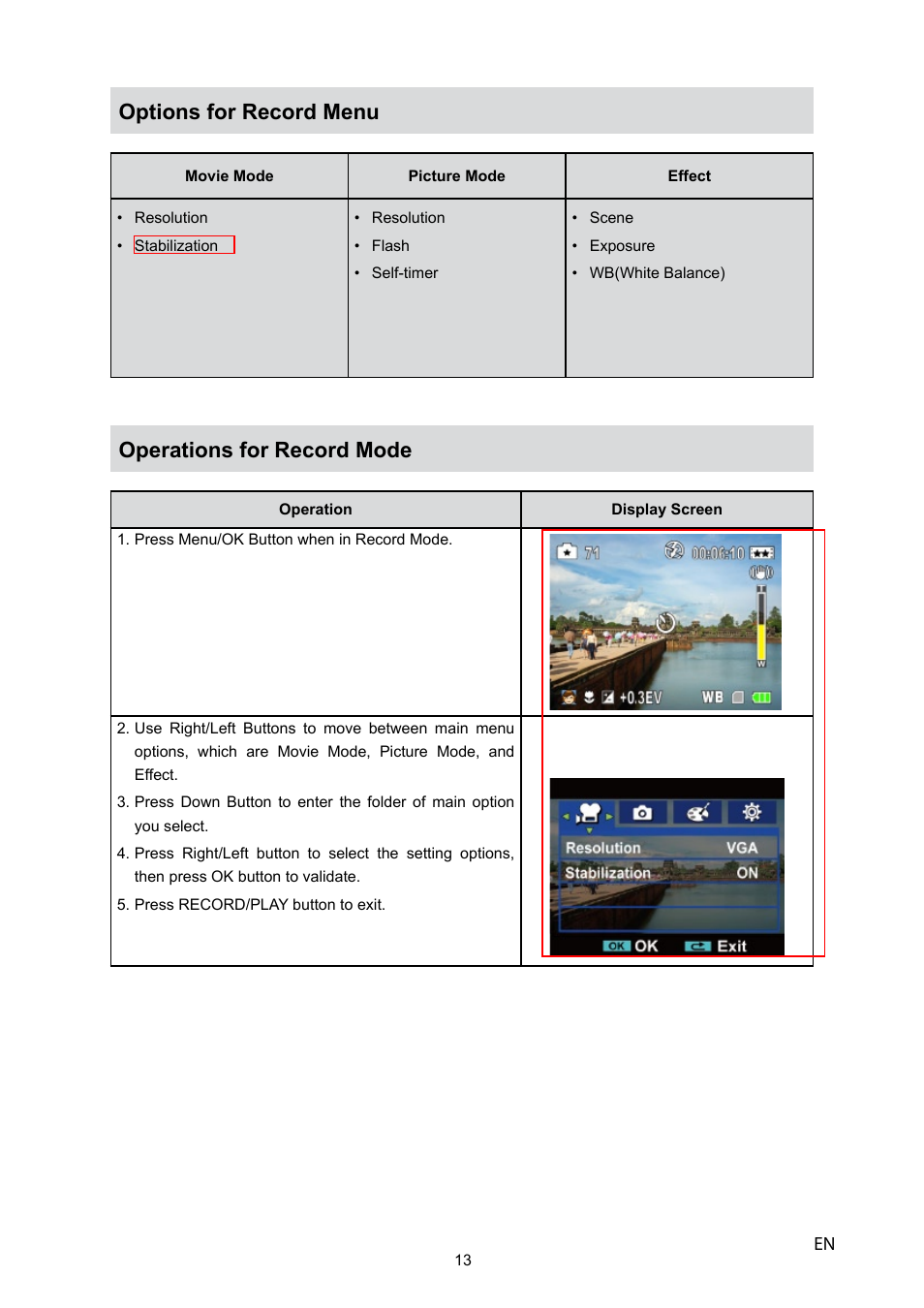 Options for record menu, Operations for record mode | Toshiba CAMILEO P10 User Manual | Page 15 / 46