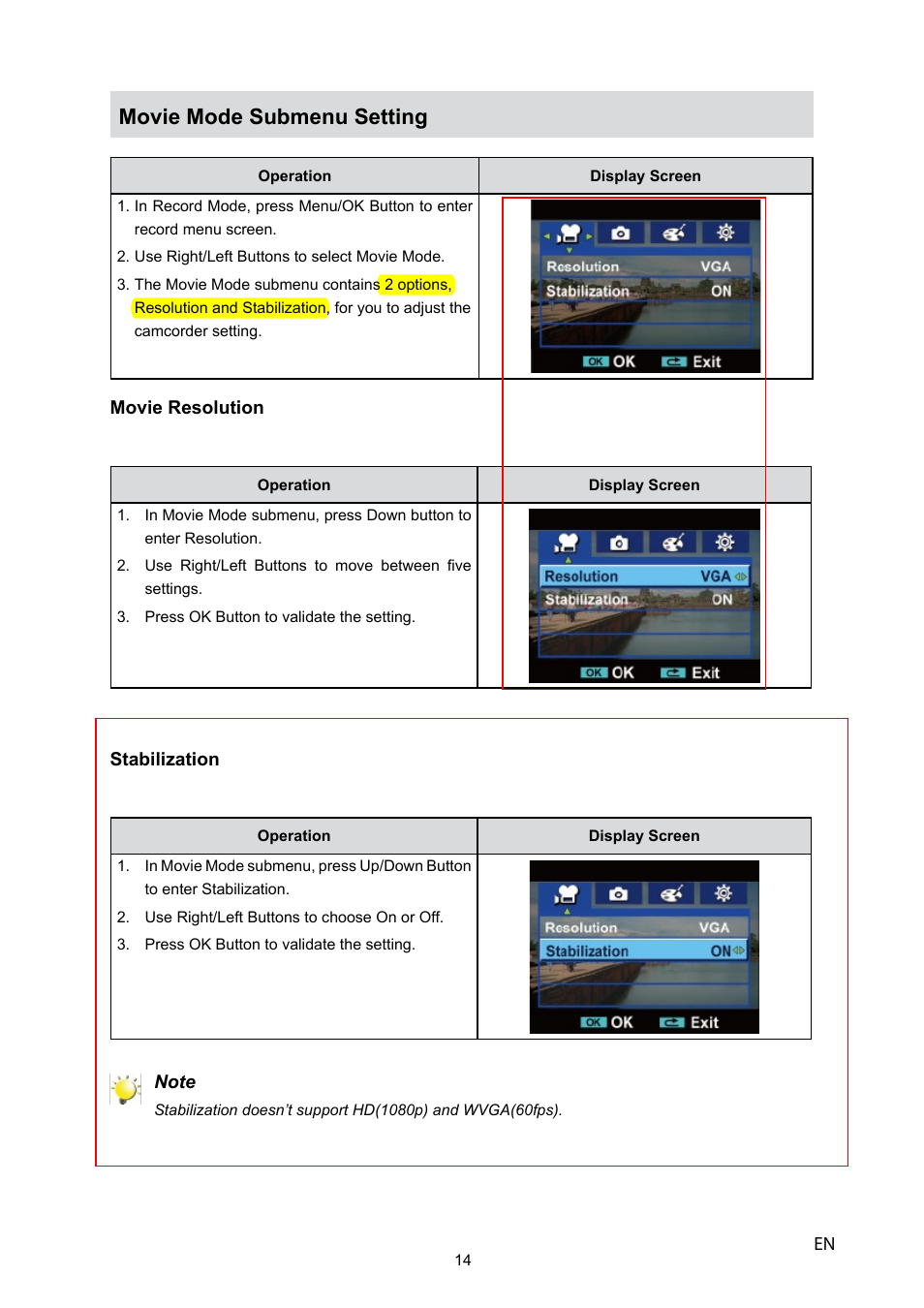 Movie mode submenu setting | Toshiba CAMILEO P10 User Manual | Page 16 / 46