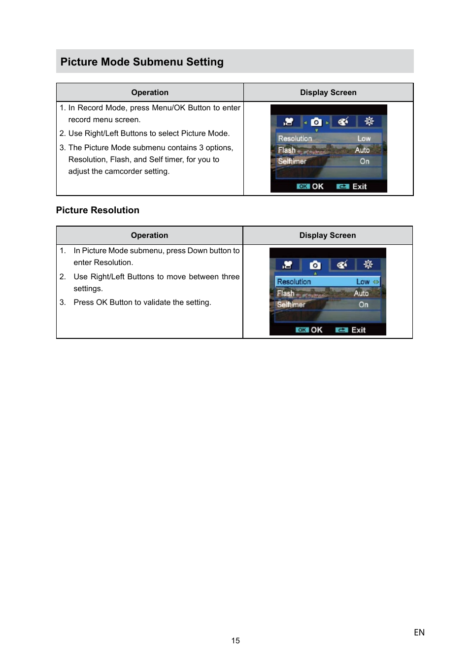 Picture mode submenu setting | Toshiba CAMILEO P10 User Manual | Page 17 / 46