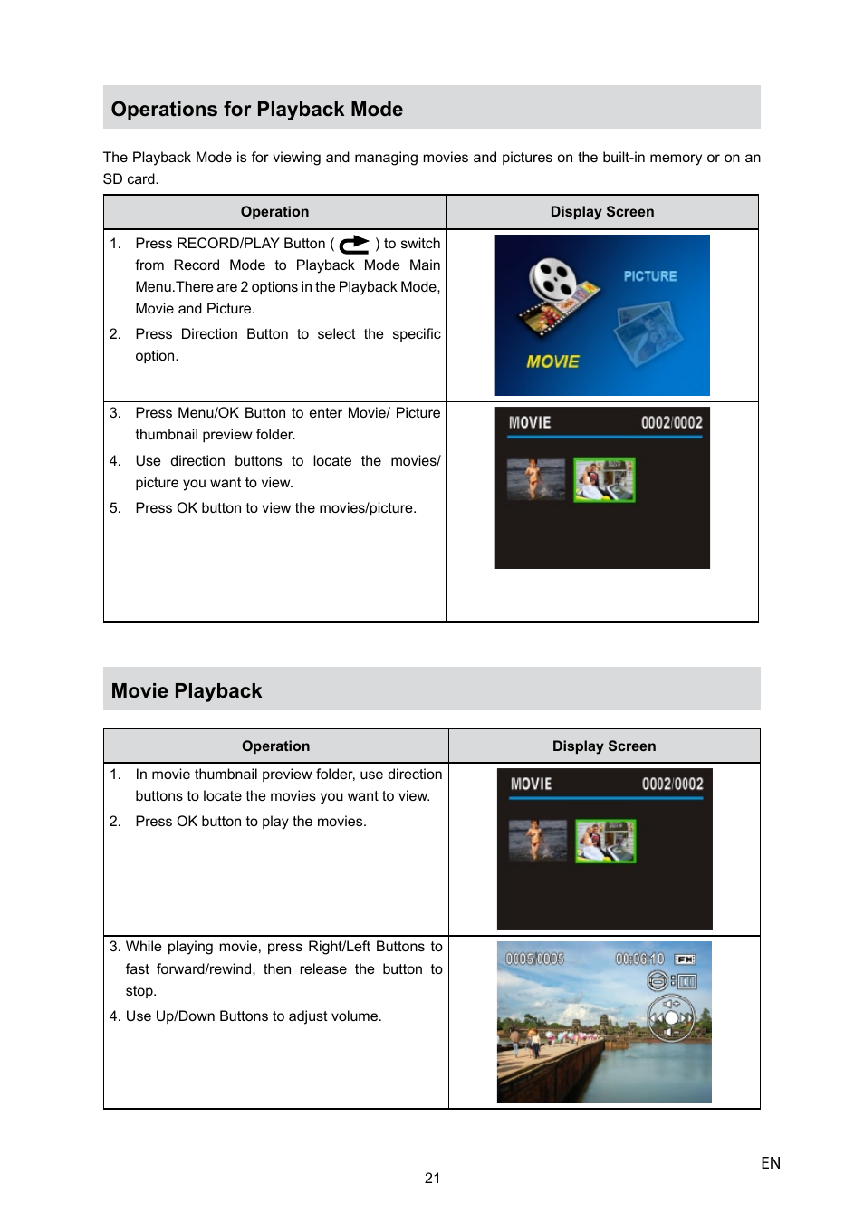 Operations for playback mode, Movie playback | Toshiba CAMILEO P10 User Manual | Page 23 / 46