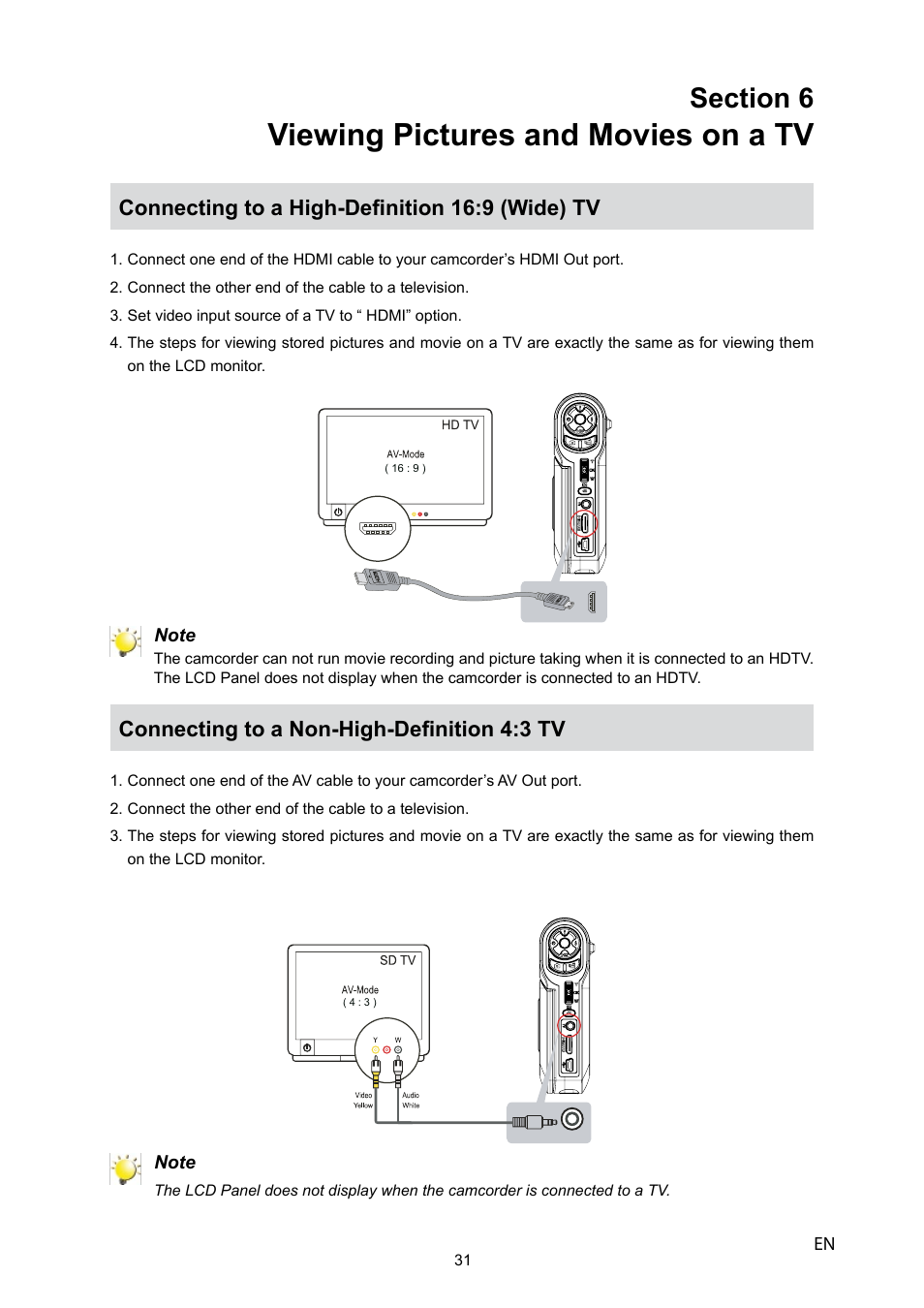 Viewing pictures and movies on a tv, Connecting to a high-definition 16:9 (wide) tv, Connecting to a non-high-definition 4:3 tv | Toshiba CAMILEO P10 User Manual | Page 33 / 46