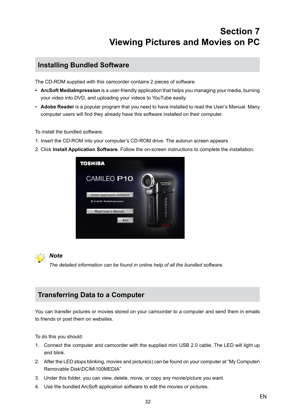 Installing bundled software, Transferring data to a computer | Toshiba CAMILEO P10 User Manual | Page 34 / 46