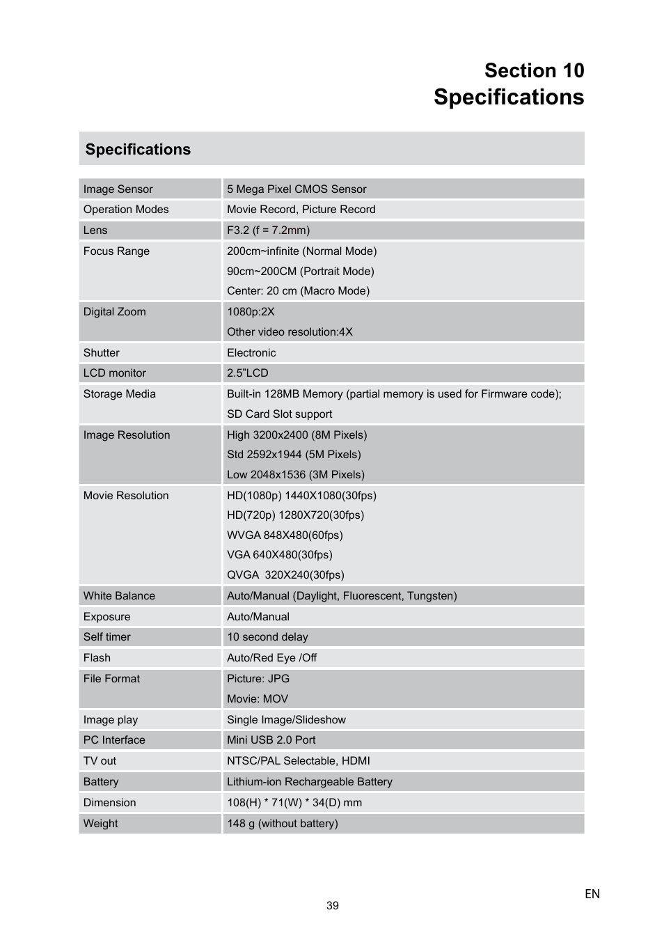 Specifications | Toshiba CAMILEO P10 User Manual | Page 41 / 46