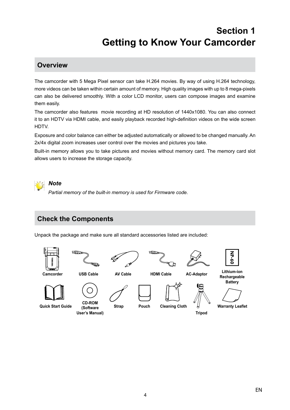 Getting to know your camcorder, Overview, Check the components | Toshiba CAMILEO P10 User Manual | Page 6 / 46