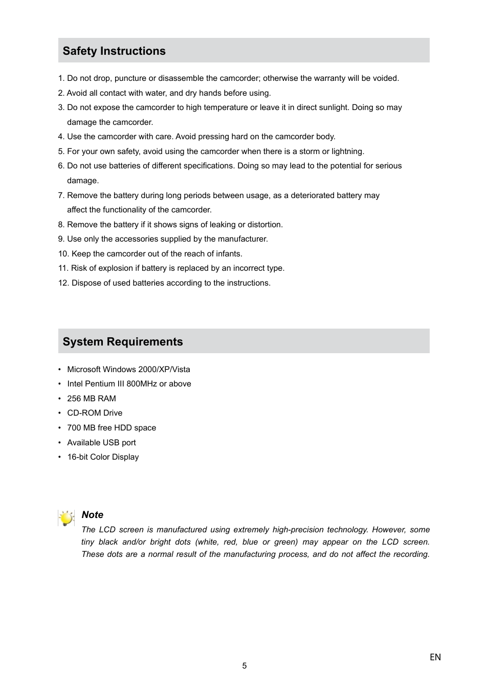 Safety instructions, System requirements | Toshiba CAMILEO P10 User Manual | Page 7 / 46