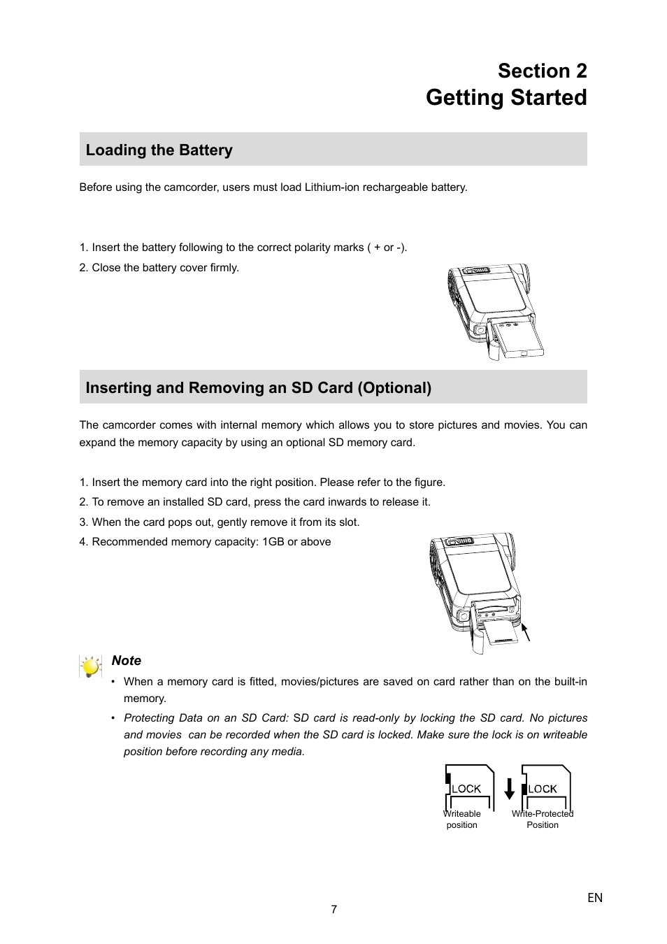 Getting started, Loading the battery, Inserting and removing an sd card (optional) | Toshiba CAMILEO P10 User Manual | Page 9 / 46
