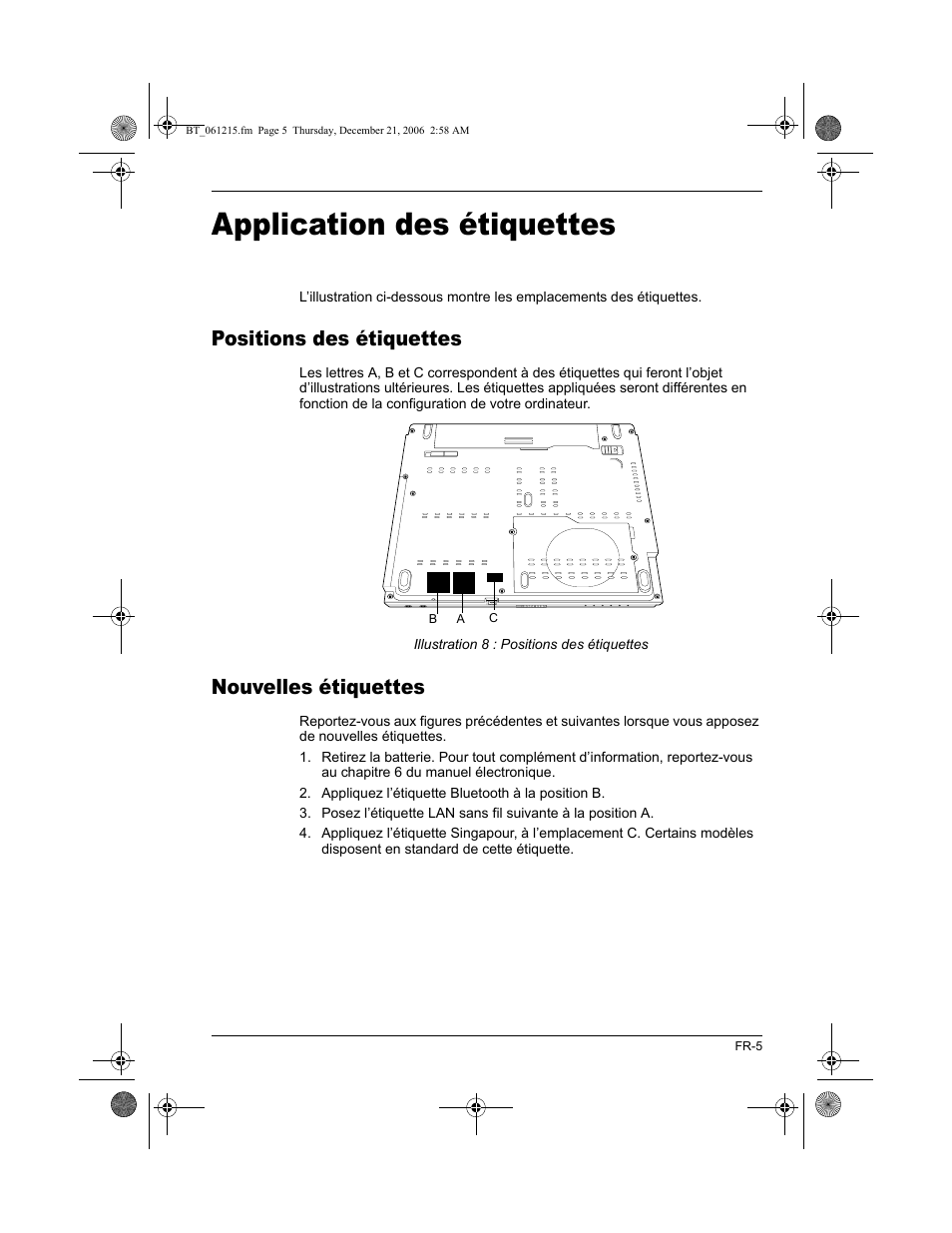 Application des étiquettes, Positions des étiquettes, Nouvelles étiquettes | Toshiba Tecra M6-ST3412 User Manual | Page 11 / 38