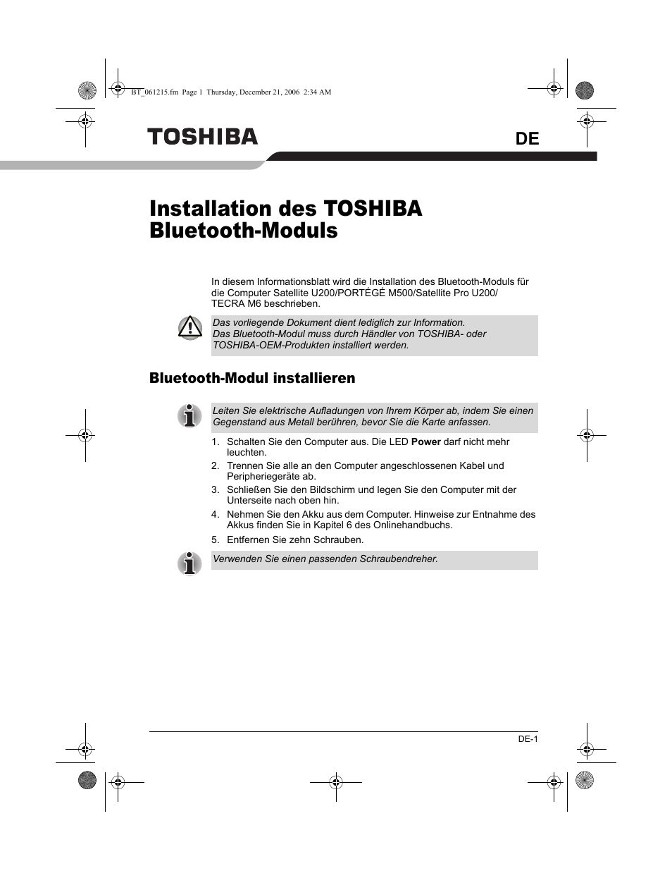 Installation des toshiba bluetooth-moduls, Bluetooth-modul installieren | Toshiba Tecra M6-ST3412 User Manual | Page 13 / 38