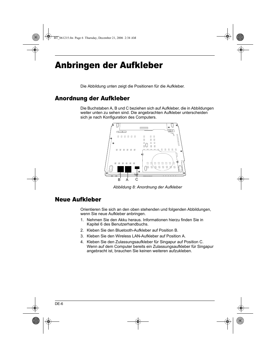 Anbringen der aufkleber, Anordnung der aufkleber, Neue aufkleber | Toshiba Tecra M6-ST3412 User Manual | Page 18 / 38
