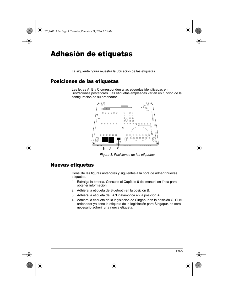 Adhesión de etiquetas, Posiciones de las etiquetas, Nuevas etiquetas | Toshiba Tecra M6-ST3412 User Manual | Page 25 / 38