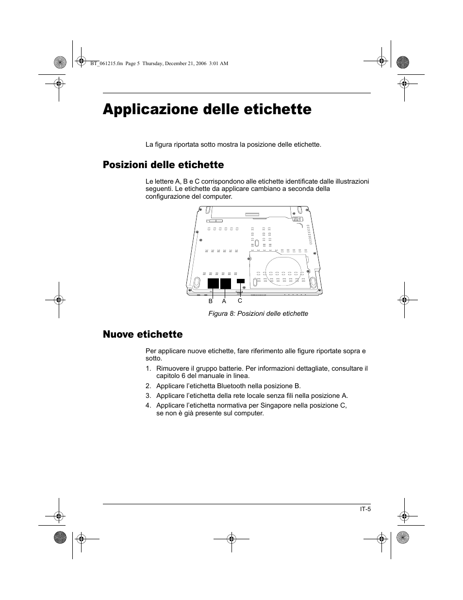 Applicazione delle etichette, Posizioni delle etichette, Nuove etichette | Toshiba Tecra M6-ST3412 User Manual | Page 31 / 38