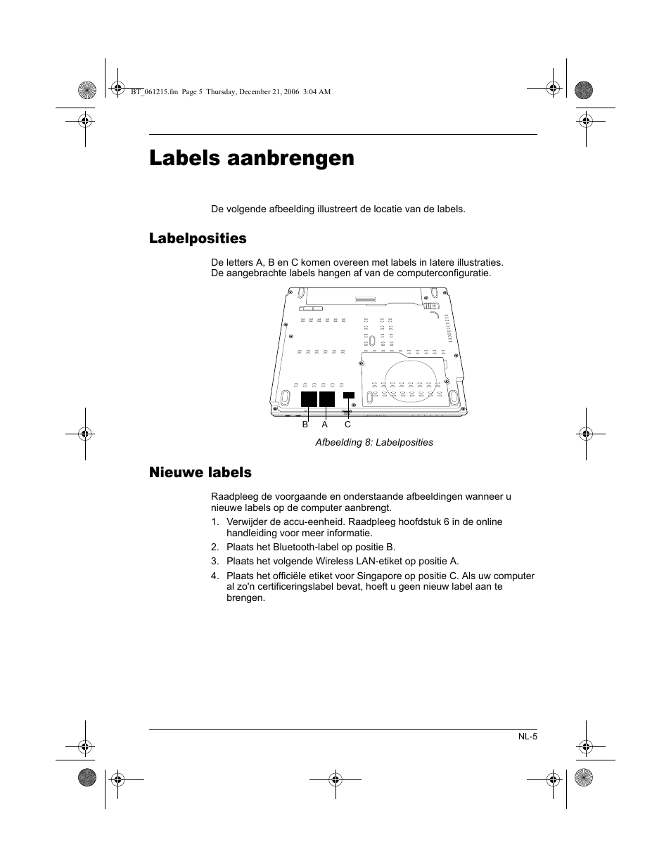 Labels aanbrengen, Labelposities, Nieuwe labels | Toshiba Tecra M6-ST3412 User Manual | Page 37 / 38