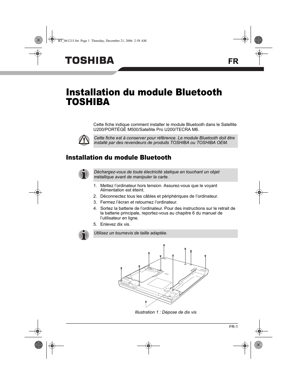 Installation du module bluetooth toshiba, Installation du module bluetooth | Toshiba Tecra M6-ST3412 User Manual | Page 7 / 38