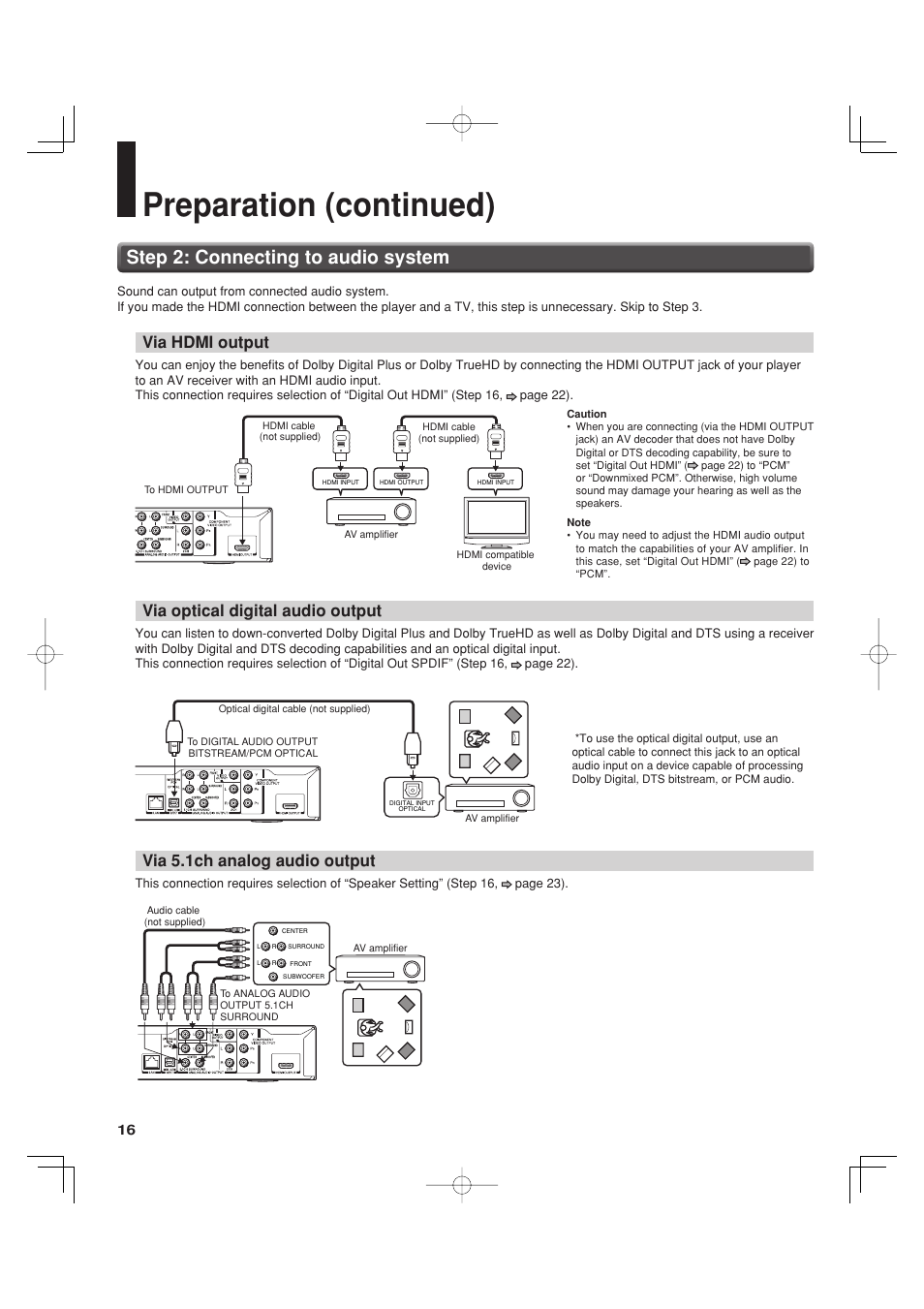 Preparation (continued), Step 2: connecting to audio system, Via hdmi output | Via optical digital audio output, Via 5.1ch analog audio output | Toshiba HD-A35KC User Manual | Page 16 / 46