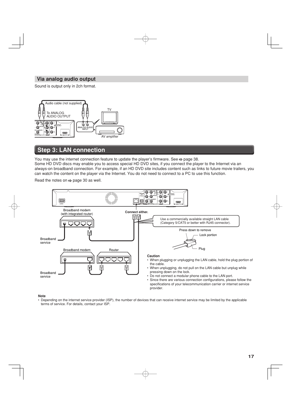 Step 3: lan connection, Via analog audio output | Toshiba HD-A35KC User Manual | Page 17 / 46