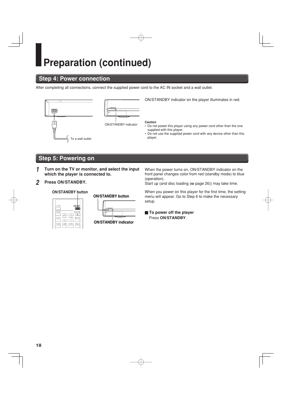 Preparation (continued), Step 5: powering on, Step 4: power connection | Toshiba HD-A35KC User Manual | Page 18 / 46