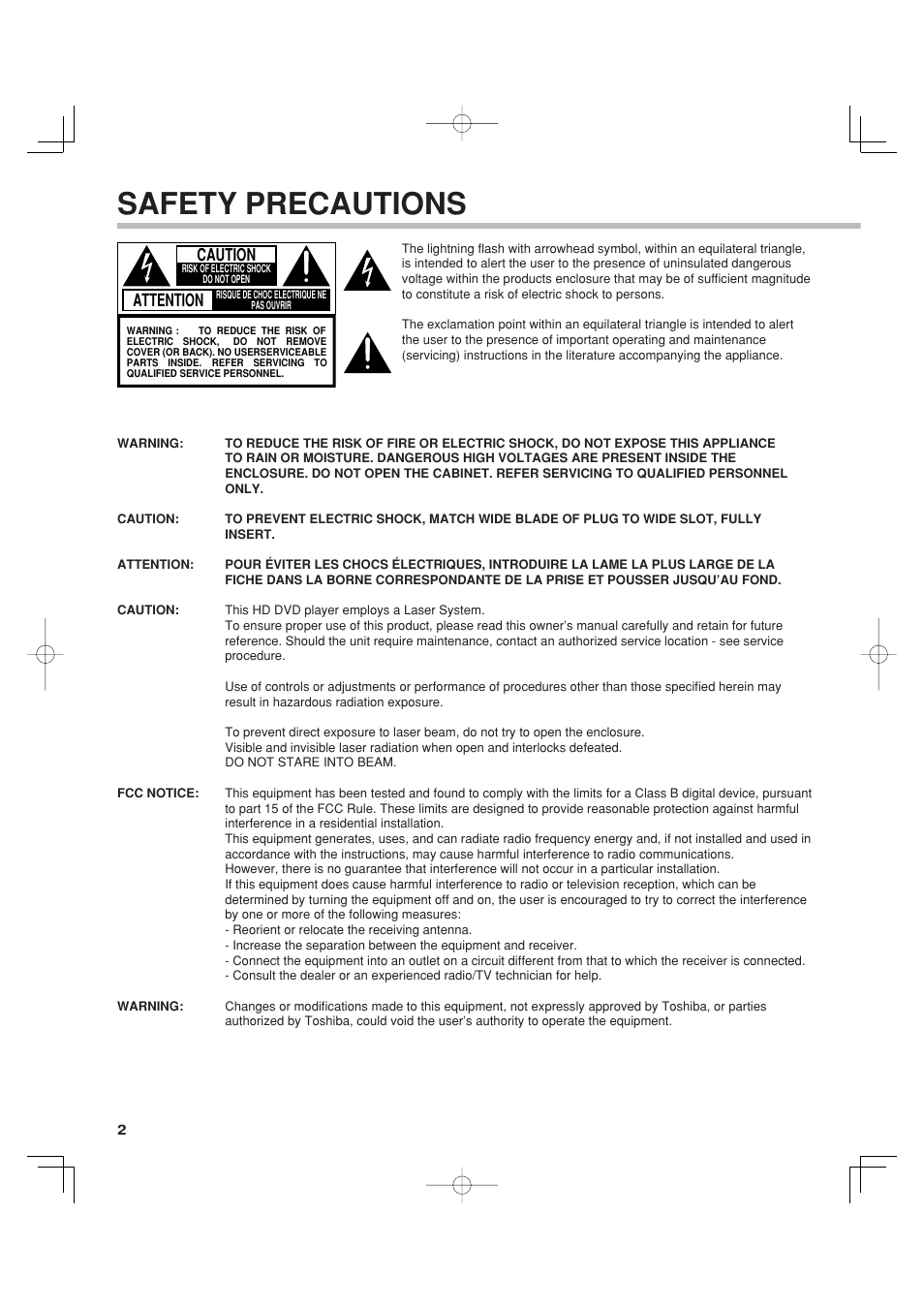 Safety precautions, Attention, Caution | Toshiba HD-A35KC User Manual | Page 2 / 46