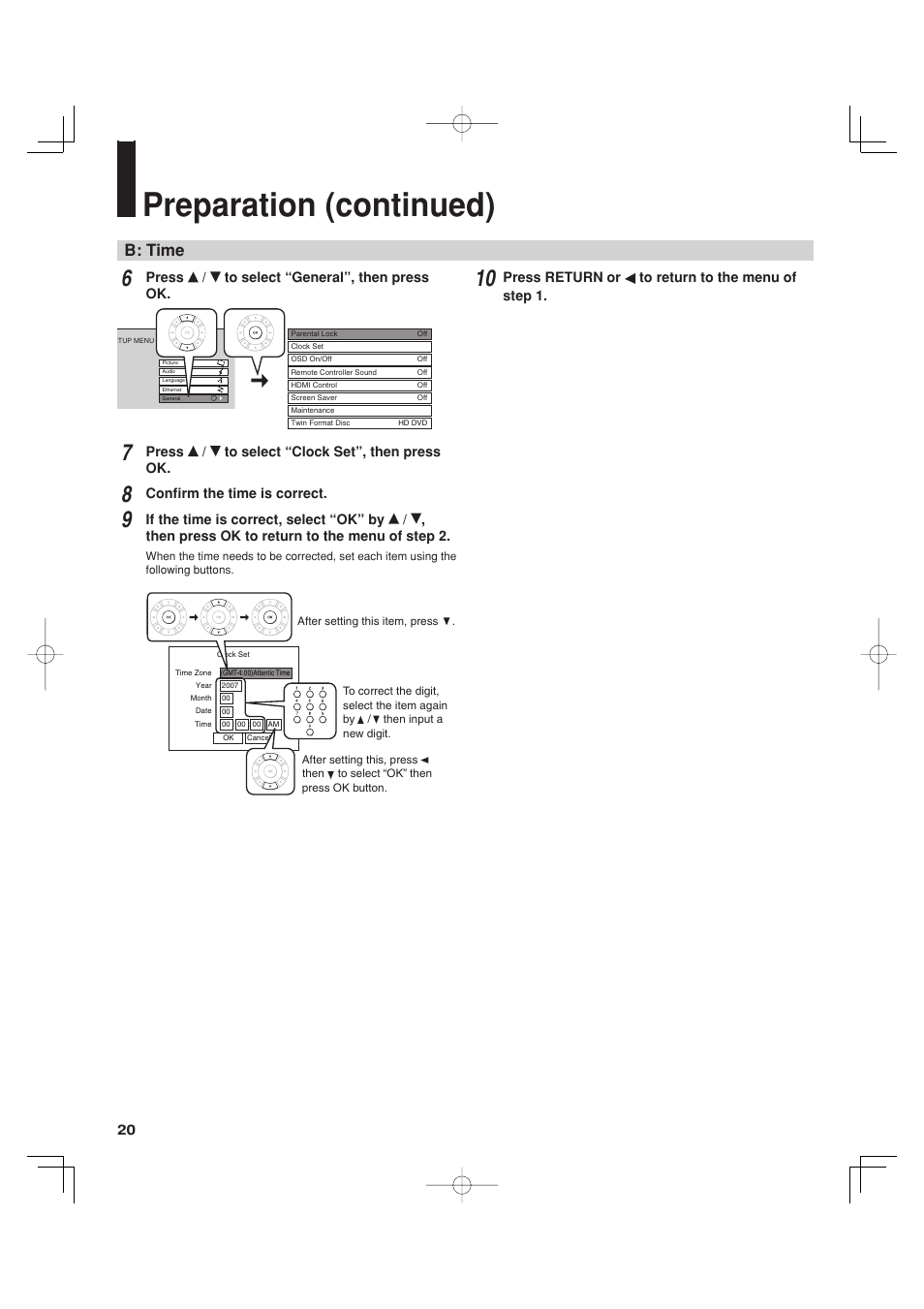 Preparation (continued), B: time | Toshiba HD-A35KC User Manual | Page 20 / 46