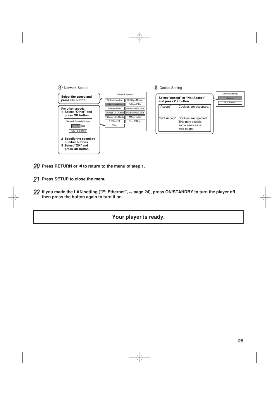Your player is ready, Press return or to return to the menu of step 1, Press setup to close the menu | Toshiba HD-A35KC User Manual | Page 25 / 46