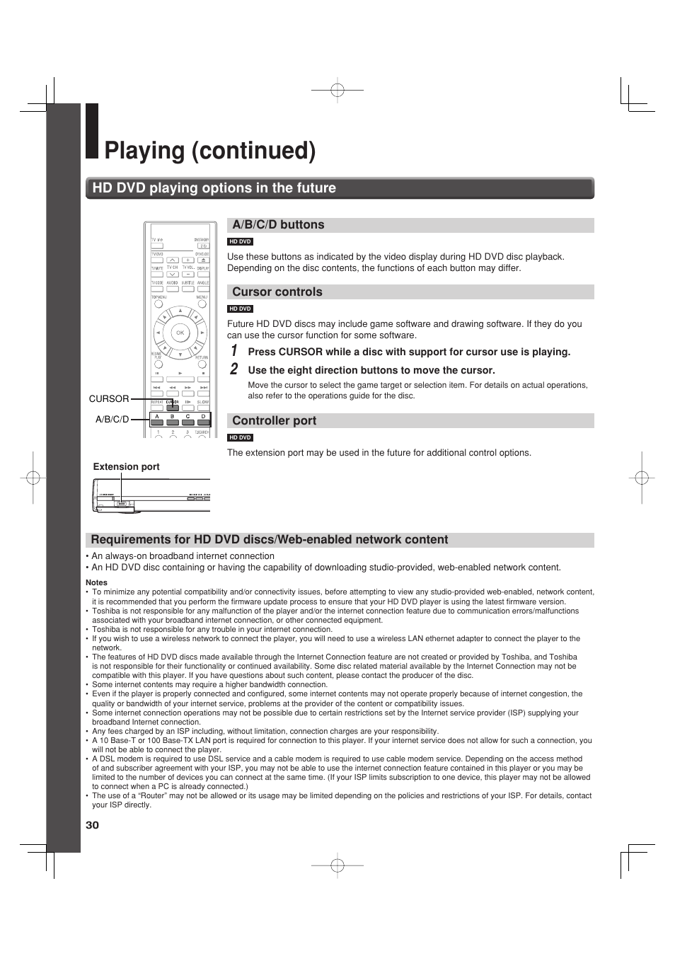 Playing (continued), Hd dvd playing options in the future, A/b/c/d buttons | Cursor controls, Controller port | Toshiba HD-A35KC User Manual | Page 30 / 46