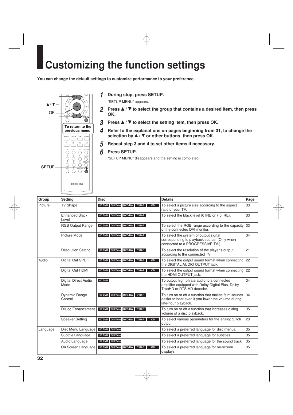 Customizing the function settings, During stop, press setup, Press / to select the setting item, then press ok | Press setup | Toshiba HD-A35KC User Manual | Page 32 / 46