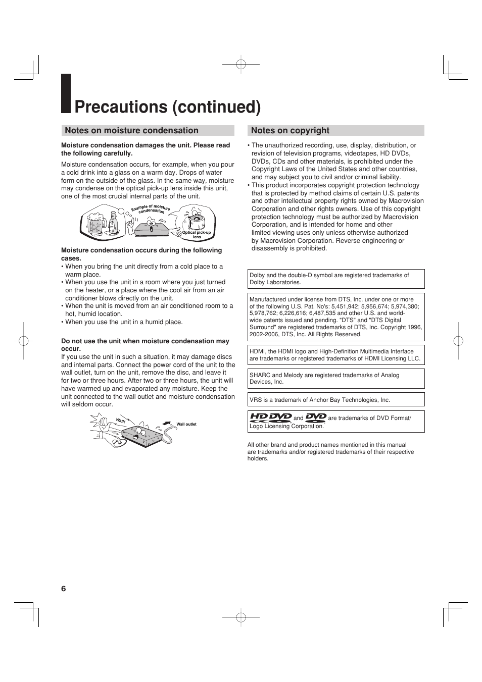 Precautions (continued) | Toshiba HD-A35KC User Manual | Page 6 / 46