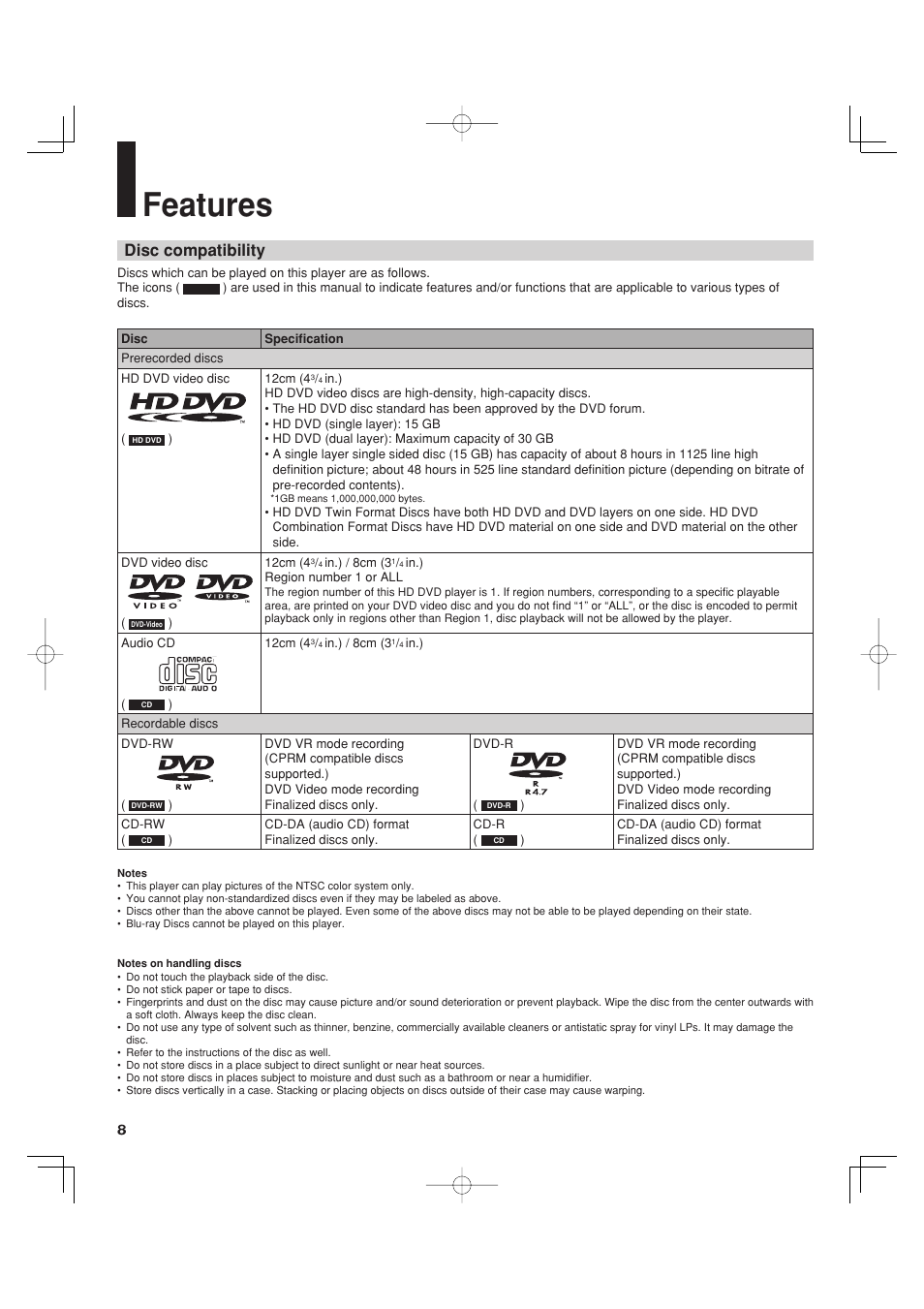 Features, Disc compatibility | Toshiba HD-A35KC User Manual | Page 8 / 46