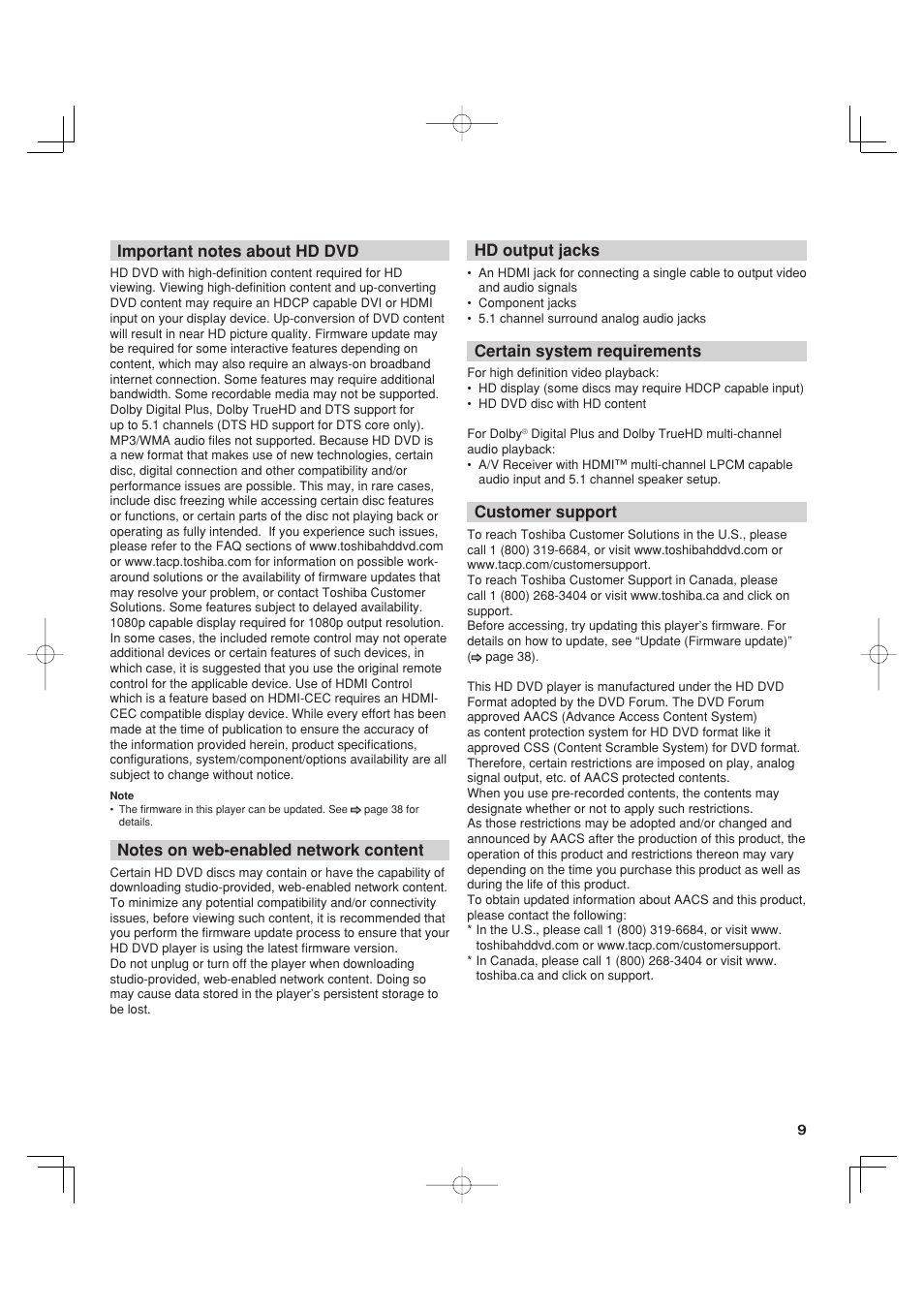 Hd output jacks, Certain system requirements, Customer support | Toshiba HD-A35KC User Manual | Page 9 / 46