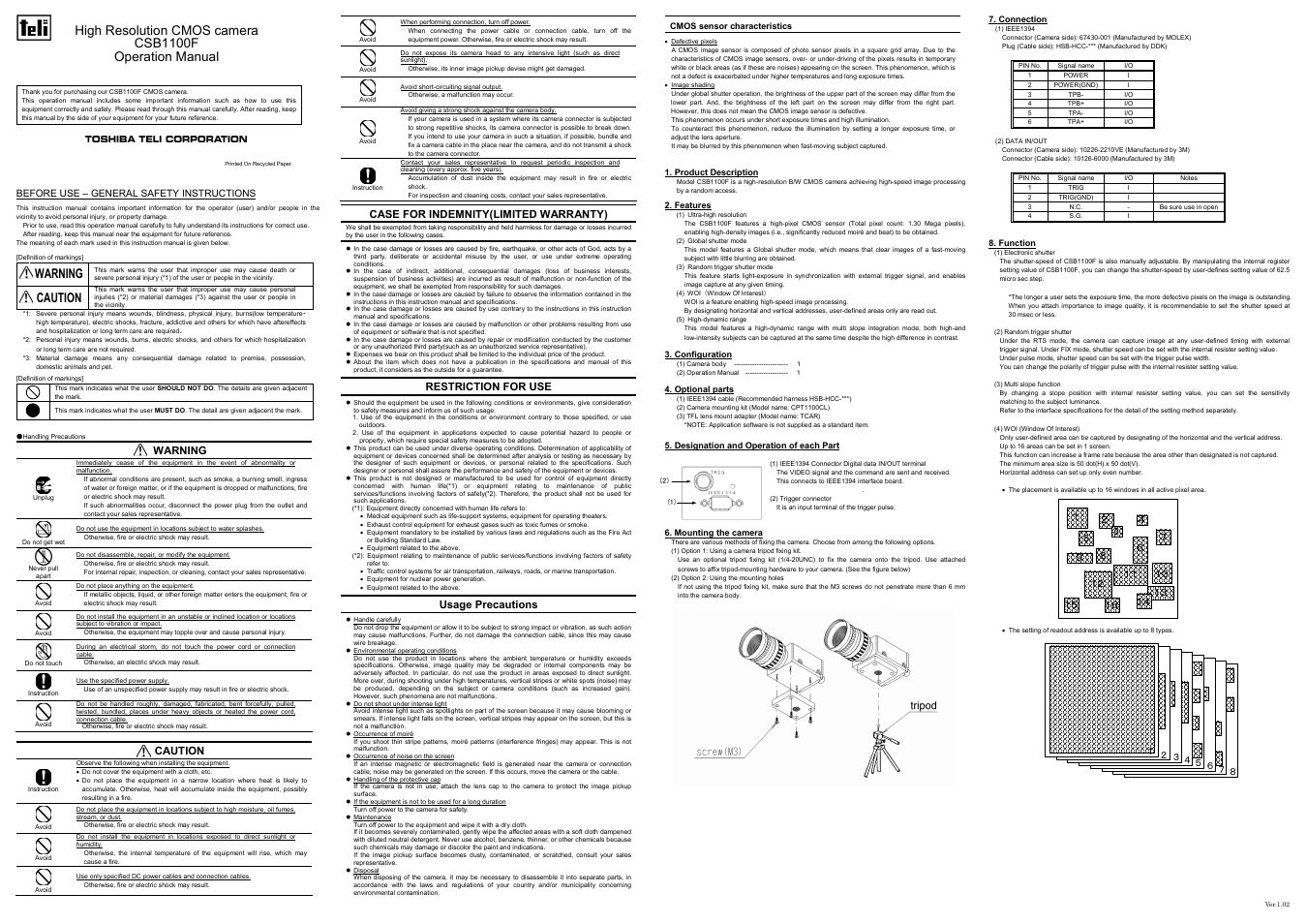 Toshiba HIGH RESOLUTION CMOS CAMERA CSB1100F User Manual | 2 pages