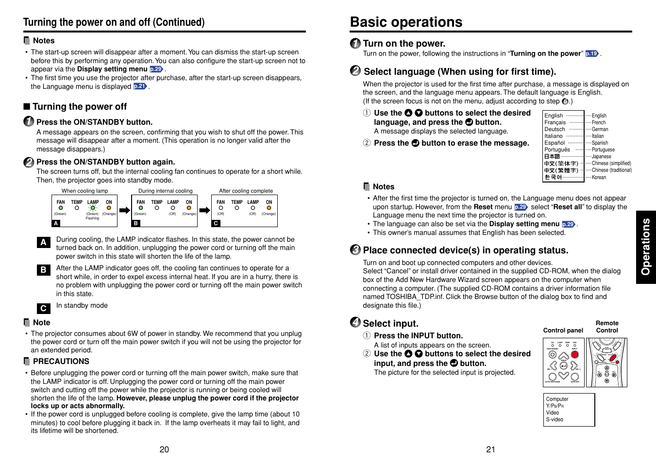 Basic operations, P.20, P.21 | Operations, Turning the power on and off (continued), Turn on the power, Select language (when using for first time), Place connected device(s) in operating status, Select input, Turning the power off | Toshiba TDP-D1-US User Manual | Page 11 / 20