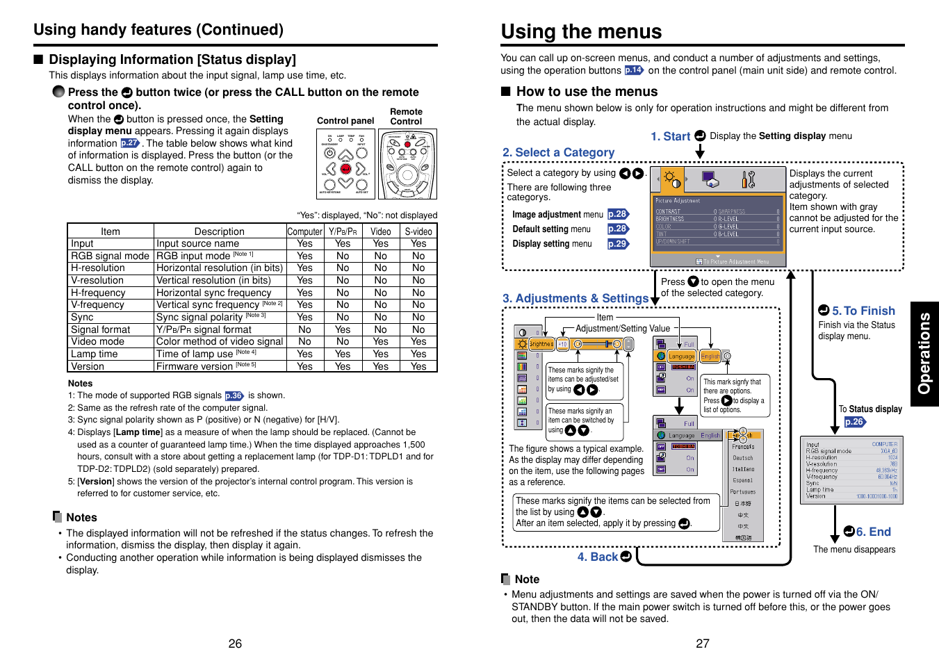 Displaying information [status display, Using the menus, How to use the menus | P.27, P.26, Operations, Using handy features (continued), Page up page down | Toshiba TDP-D1-US User Manual | Page 14 / 20