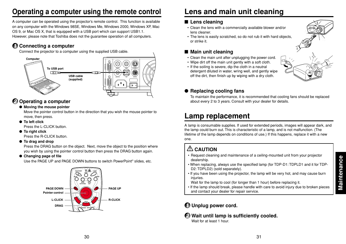 Operating a computer using the remote control, Maintenance, Lens and main unit cleaning | Lamp replacement, P.30, Lens cleaning, Main unit cleaning, Replacing cooling fans, Caution, Unplug power cord | Toshiba TDP-D1-US User Manual | Page 16 / 20